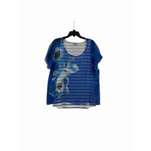 Women’s One World Sheer Layered Blue Floral & Striped Top Size L Tropical Beach